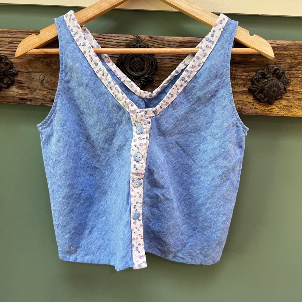 Lilly Pulitzer Blue Linen Floral Trim Button Front Cropped Tank Top Small